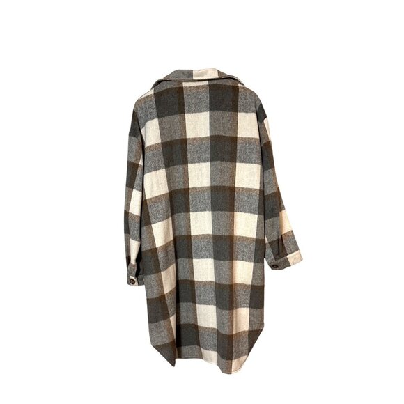 Plaid Button-Up Longline Shirt Jacket XXL Beige & Gray Casual Outerwear - Picture 4 of 6